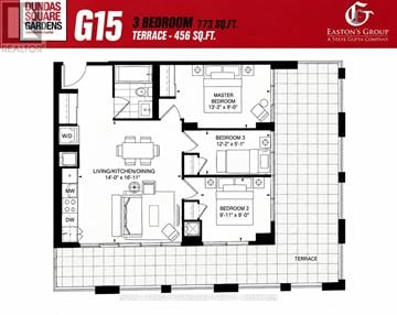 Toronto (Church-Yonge Corridor) condo for rent - A floor plan for a 3 bedroom, 773 sq ft, 456 sq ft terrace apartment.