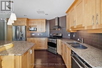Ottawa condo for rent - A kitchen with wooden cabinets and granite countertops.