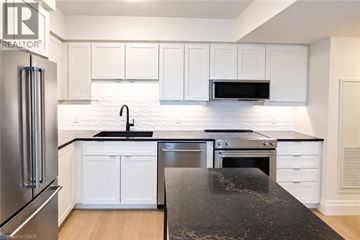 Guelph condo for rent - A modern kitchen with white cabinets and black countertops.