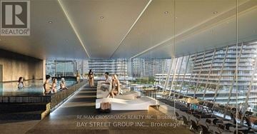 Mississauga (City Centre) condo for rent - A rendering of a modern indoor space with people sitting by a pool and a long table.