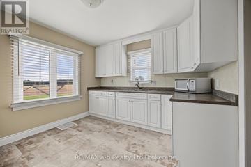 Blandford-Blenheim apartment for rent - A kitchen with white cabinets and a microwave on the counter.