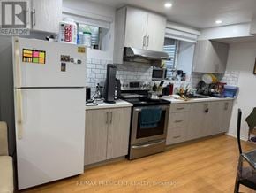 Kitchener apartment for rent - A white refrigerator with a few magnets on it is in a kitchen.