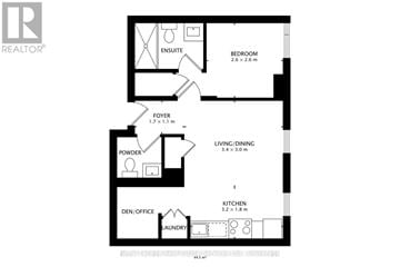 Toronto (Clanton Park) condo for rent - A floor plan of a house with a den/office, powder room, laundry, kitchen, living/dining area, and bedroom.