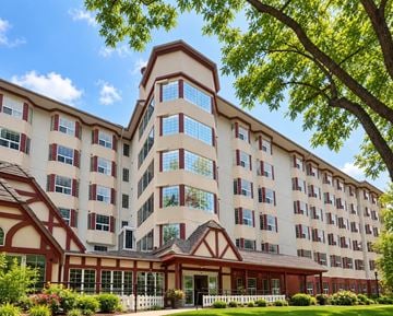 Edmonton apartment for rent - A large building with a red and white facade surrounded by greenery.