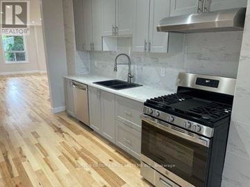 Toronto (Dovercourt-Wallace Emerson-Junction) duplex for rent - A modern kitchen with a stainless steel oven and wooden flooring.