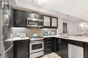 Ottawa condo for rent - A modern kitchen with black cabinets and stainless steel appliances.
