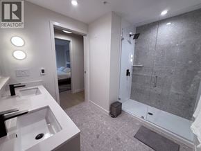 Port Moody apartment for rent - A bathroom with a sink, mirror, and shower.