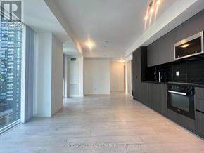 Toronto (Waterfront Communities) condo for rent - A spacious kitchen with black cabinets and a modern design.