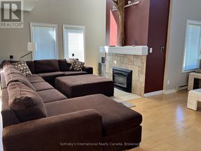 Blue Mountains townhouse for rent - A living room with a fireplace and a couch.