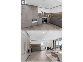 Burnaby apartment for rent - A modern kitchen with a large island and a living room with a couch and a coffee table.