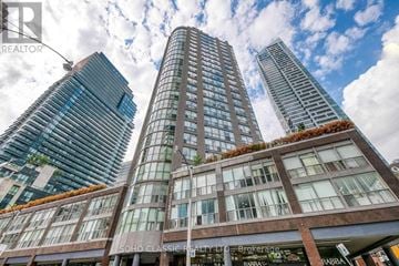 Toronto (Bay Street Corridor) condo for rent - A tall building with a sign that says "SOHO CLASSIC REALTY LLC Brokerage" in front of it.