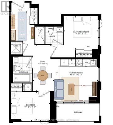 Toronto (Waterfront Communities) condo for rent - A floor plan of a house with a living room, dining room, kitchen, and multiple bedrooms.