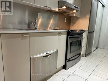Toronto (Bay Street Corridor) condo for rent - A kitchen with a stainless steel counter and white cabinets.