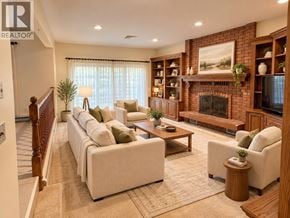 Burnaby apartment for rent - A living room with a fireplace and a painting on the wall.