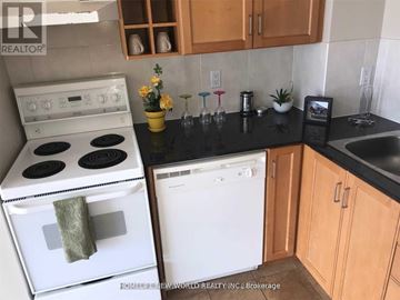 Toronto (Church-Yonge Corridor) condo for rent - A white stove and dishwasher in a kitchen with wooden cabinets.