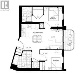 Toronto (Dovercourt-Wallace Emerson-Junction) condo for rent - A black and white floor plan of a house with a living room, kitchen, dining room, and two bedrooms.