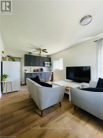Central Elgin (Port Stanley) triplex for rent - A living room with a grey couch and a black sofa.