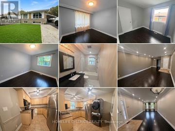 Toronto (Woburn) apartment for rent - A collage of images showcasing the exterior, interior, and kitchen of a property.