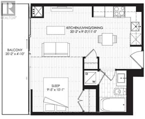 Toronto (Yorkdale-Glen Park) condo for rent - A floor plan of a small apartment with a kitchen, living room, and sleeping area.