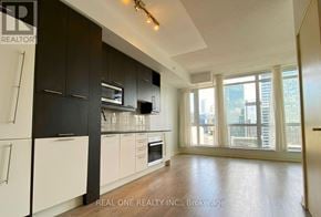 Toronto (Waterfront Communities) condo for rent - A modern kitchen with black cabinets and white appliances.