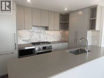 Burnaby apartment for rent - A modern kitchen with a marble backsplash and stainless steel appliances.