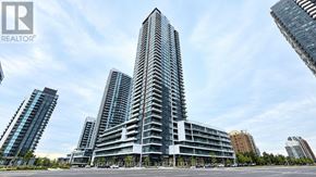 Mississauga (Hurontario) condo for rent - A tall residential building with a sign that reads "Home Here Miracle".