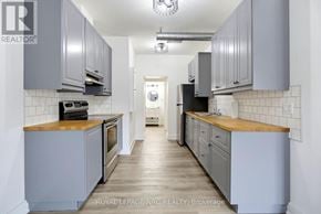 Fort Erie (Crystal Beach) multi-family for rent - A kitchen with a white tiled backsplash and grey cabinets.