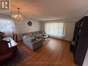 Brampton (Brampton East) apartment for rent - A living room with a grey couch and a wooden floor.