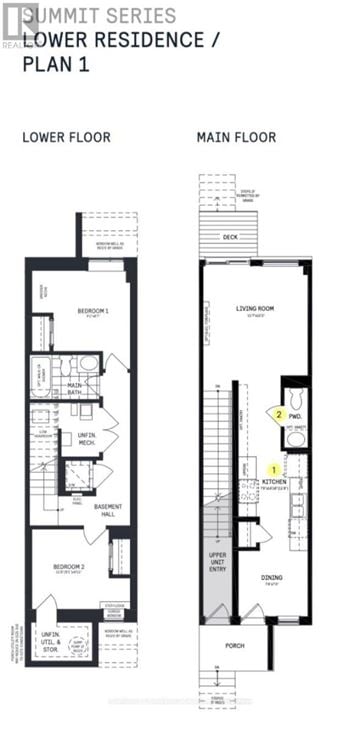 Ottawa townhouse for rent - A floor plan for a Summit Series lower residence with two bedrooms, a living room, a kitchen, and a bathroom.
