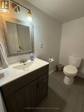 Toronto (Guildwood) apartment for rent - A bathroom with a toilet, sink, and mirror.