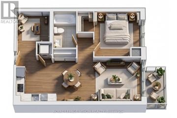 Toronto (Henry Farm) condo for rent - A 3D floor plan of a home with a living room, dining room, kitchen, and bedrooms.