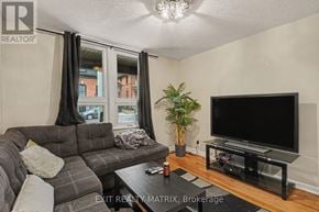 Ottawa duplex for rent - A living room with a grey couch, a television, and a plant.