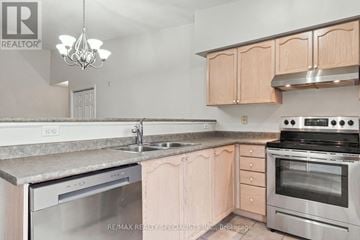 Oakville (Ga Glen Abbey) condo for rent - A kitchen with a stainless steel dishwasher and oven, and wooden cabinets.