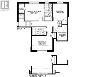 Quinte West (Murray Ward) apartment for rent - A black and white floor plan of an apartment with two bedrooms, a bathroom, and a partial second floor.