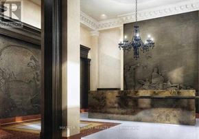 Toronto (Church-Yonge Corridor) condo for rent - A room with a chandelier, a marble table, and a wall with a relief sculpture.