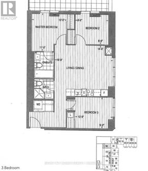 Toronto (Waterfront Communities) condo for rent - A black and white image of a 3 bedroom floor plan.