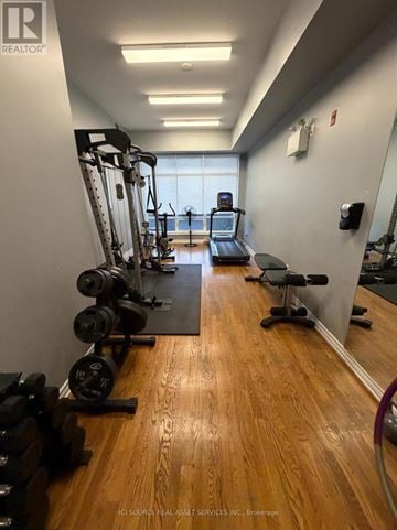 Ottawa condo for rent - A gym with a mirror, weights, and cardio equipment.