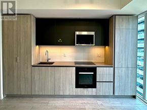 Toronto (Waterfront Communities) condo for rent - A modern kitchen with wooden cabinets and a black countertop.