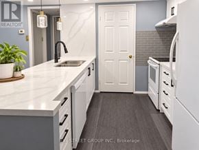 Toronto (Niagara) condo for rent - A kitchen with a sink and a white door.