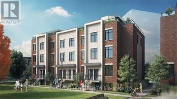 Mississauga (Lakeview) townhouse for rent - A modern apartment complex with people walking around the courtyard.