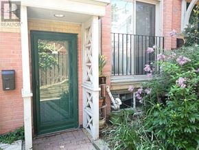 Toronto (Moss Park) townhouse for rent - A green door is on the left side of a brick building.