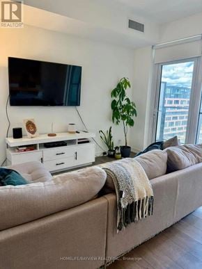 Toronto (South Parkdale) condo for rent - A living room with a couch, a television, and a plant.