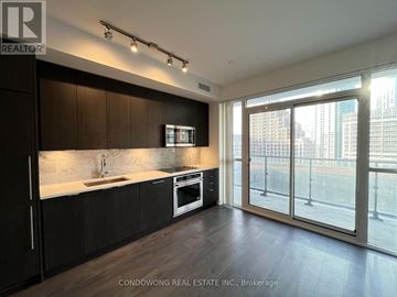 Toronto (Waterfront Communities) condo for rent - A modern kitchen with dark wood cabinets and a stainless steel oven.