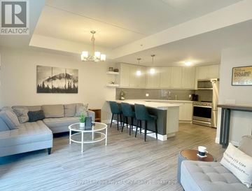 Centre Wellington (Elora/Salem) condo for rent - A living room with a grey couch and a white coffee table.