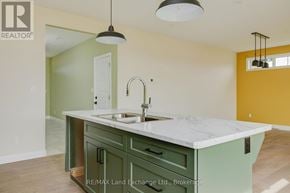 Saugeen Shores apartment for rent - A kitchen with green cabinets and a marble countertop.