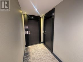 Toronto (Mimico) condo for rent - A hallway with two doors and a carpeted floor.