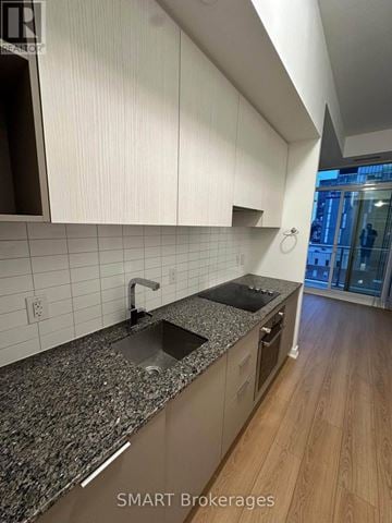 Toronto (Moss Park) condo for rent - A modern kitchen with granite countertops and white cabinets.