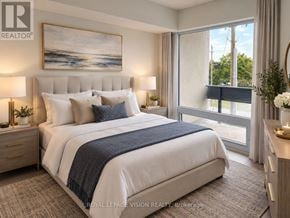 Toronto (Humber Heights) condo for rent - A bedroom with a large bed and a painting on the wall.