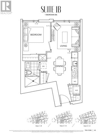 Toronto (Waterfront Communities) condo for rent - A floor plan for a 1 bedroom apartment with a living room, dining room, and kitchen.