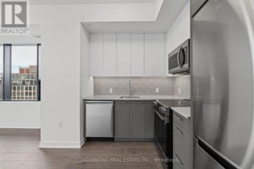 Kitchener condo for rent - A modern kitchen with white cabinets and stainless steel appliances.